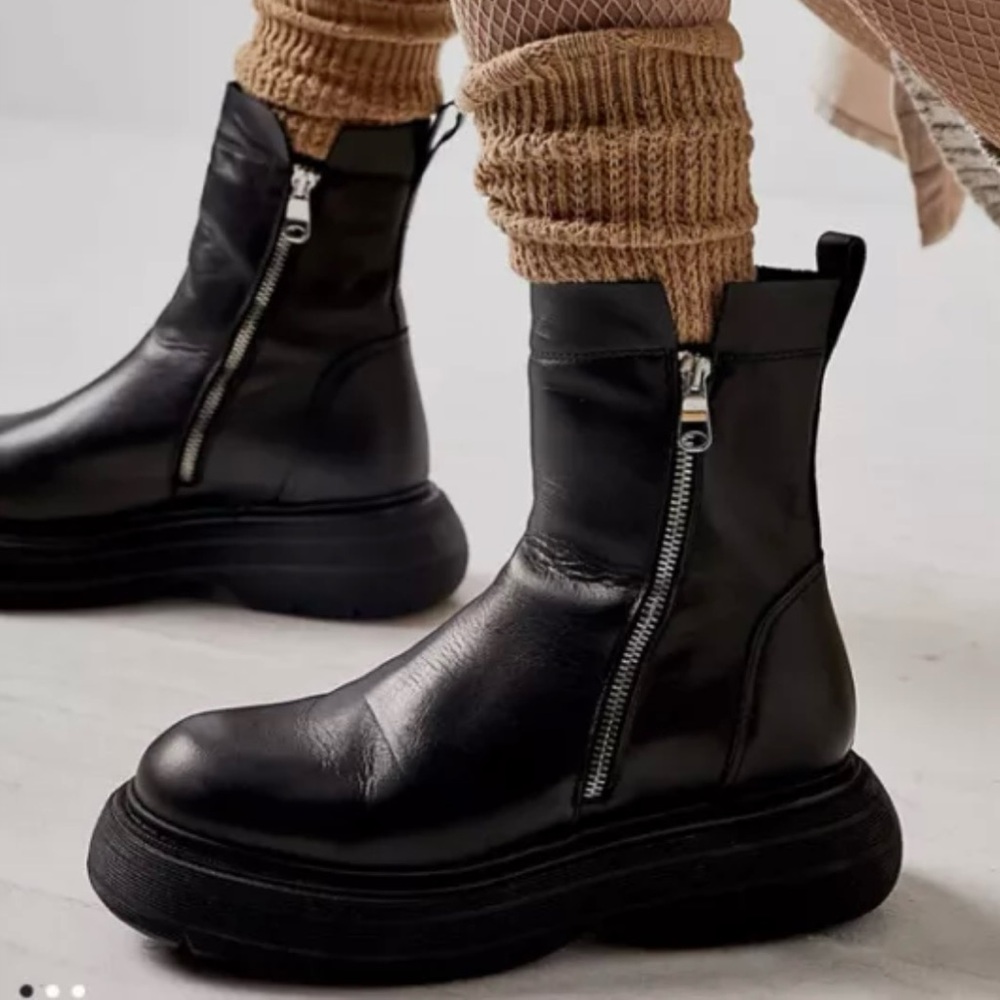 Free People Mara Combat Zip Moto Black Leather Ankle Boots